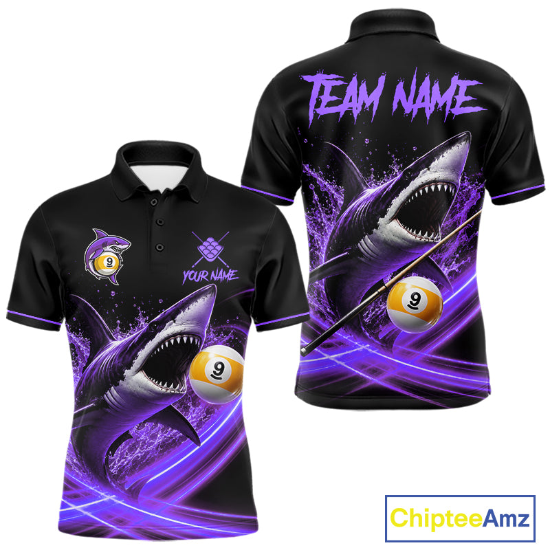 Black And Purple 9 Ball Shark Billiard League Shirts For Men Custom Pool Team Jersey Polo, 1/4 Zip TDM7298