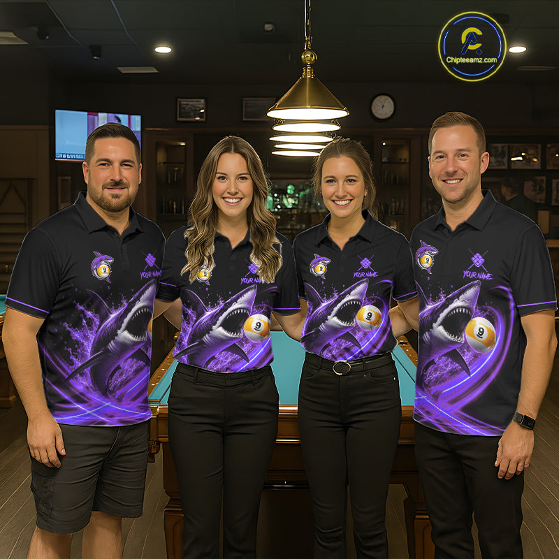Black And Purple 9 Ball Shark Billiard League Shirts For Men Custom Pool Team Jersey Polo, 1/4 Zip TDM7298