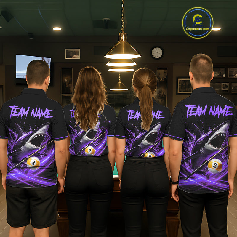 Black And Purple 9 Ball Shark Billiard League Shirts For Men Custom Pool Team Jersey Polo, 1/4 Zip TDM7298