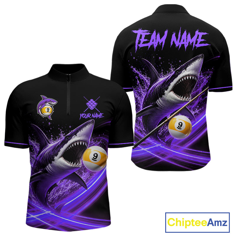 Black And Purple 9 Ball Shark Billiard League Shirts For Men Custom Pool Team Jersey Polo, 1/4 Zip TDM7298