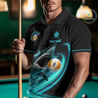 Black Turquoise 9 Ball Shark Billiard League Shirts For Men Custom Pool Team Jersey Polo, 1/4 Zip TDM7299