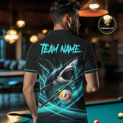 Black Turquoise 9 Ball Shark Billiard League Shirts For Men Custom Pool Team Jersey Polo, 1/4 Zip TDM7299
