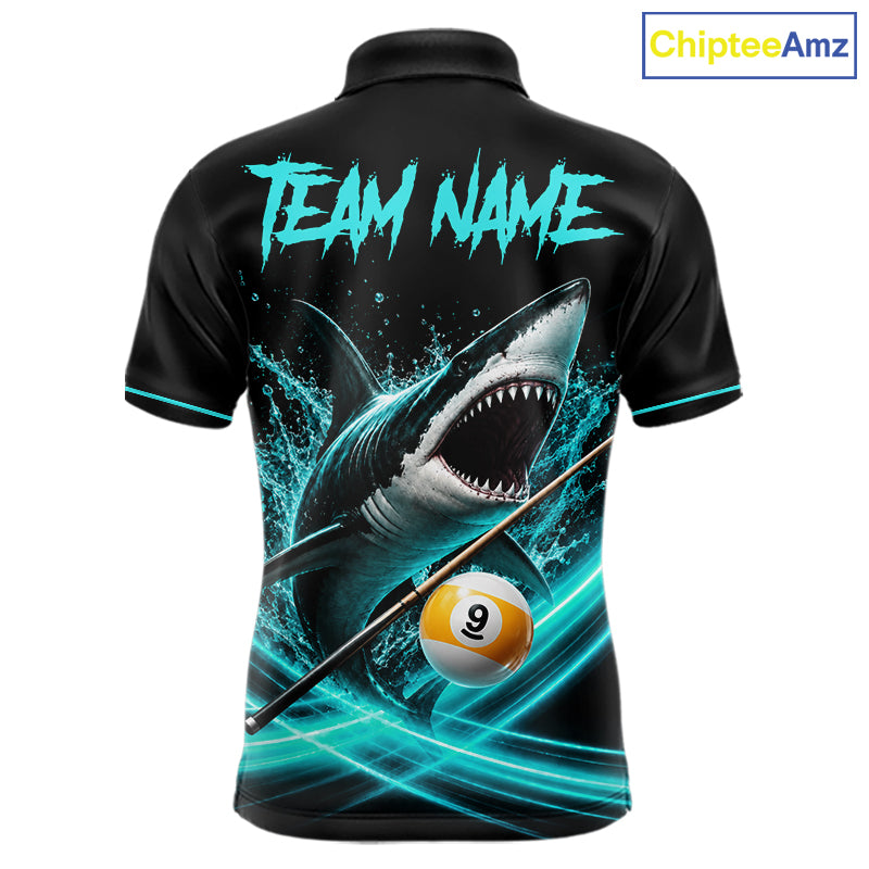 Black Turquoise 9 Ball Shark Billiard League Shirts For Men Custom Pool Team Jersey Polo, 1/4 Zip TDM7299