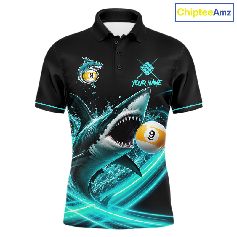 Black Turquoise 9 Ball Shark Billiard League Shirts For Men Custom Pool Team Jersey Polo, 1/4 Zip TDM7299