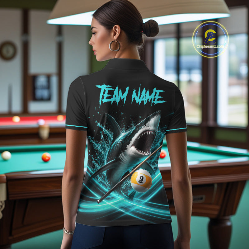 Black Turquoise 9 Ball Shark Billiard League Shirts For Women Custom Pool Team Jersey Polo, 1/4 Zip TDM7299