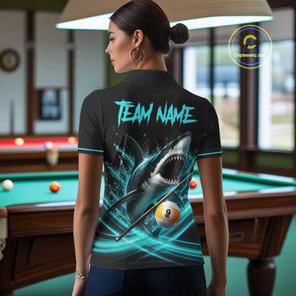 Black Turquoise 9 Ball Shark Billiard League Shirts For Women Custom Pool Team Jersey Polo, 1/4 Zip TDM7299