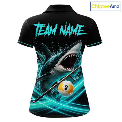 Black Turquoise 9 Ball Shark Billiard League Shirts For Women Custom Pool Team Jersey Polo, 1/4 Zip TDM7299