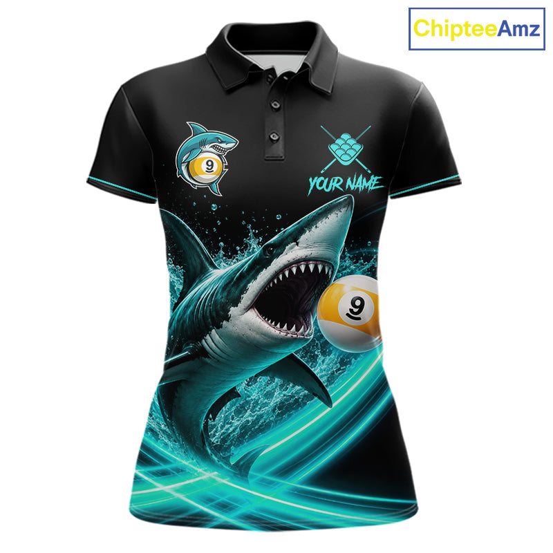 Black Turquoise 9 Ball Shark Billiard League Shirts For Women Custom Pool Team Jersey Polo, 1/4 Zip TDM7299