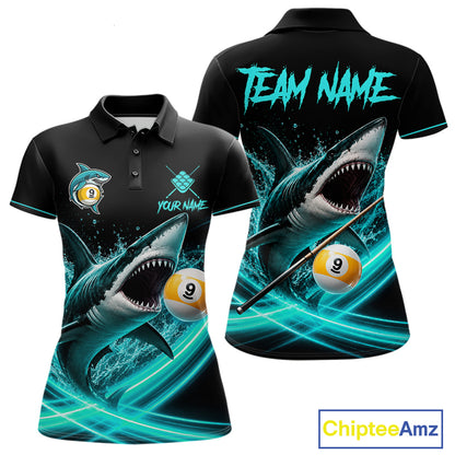 Black Turquoise 9 Ball Shark Billiard League Shirts For Women Custom Pool Team Jersey Polo, 1/4 Zip TDM7299