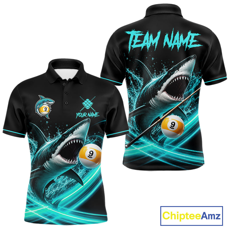 Black Turquoise 9 Ball Shark Billiard League Shirts For Men Custom Pool Team Jersey Polo, 1/4 Zip TDM7299