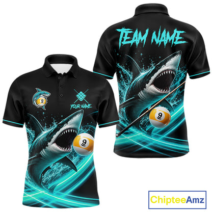 Black Turquoise 9 Ball Shark Billiard League Shirts For Men Custom Pool Team Jersey Polo, 1/4 Zip TDM7299
