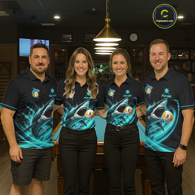 Black Turquoise 9 Ball Shark Billiard League Shirts For Women Custom Pool Team Jersey Polo, 1/4 Zip TDM7299