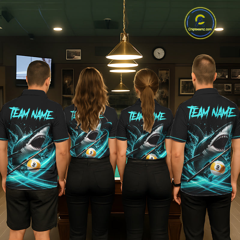 Black Turquoise 9 Ball Shark Billiard League Shirts For Women Custom Pool Team Jersey Polo, 1/4 Zip TDM7299