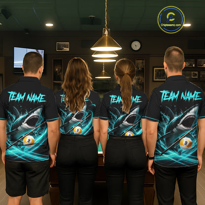 Black Turquoise 9 Ball Shark Billiard League Shirts For Women Custom Pool Team Jersey Polo, 1/4 Zip TDM7299