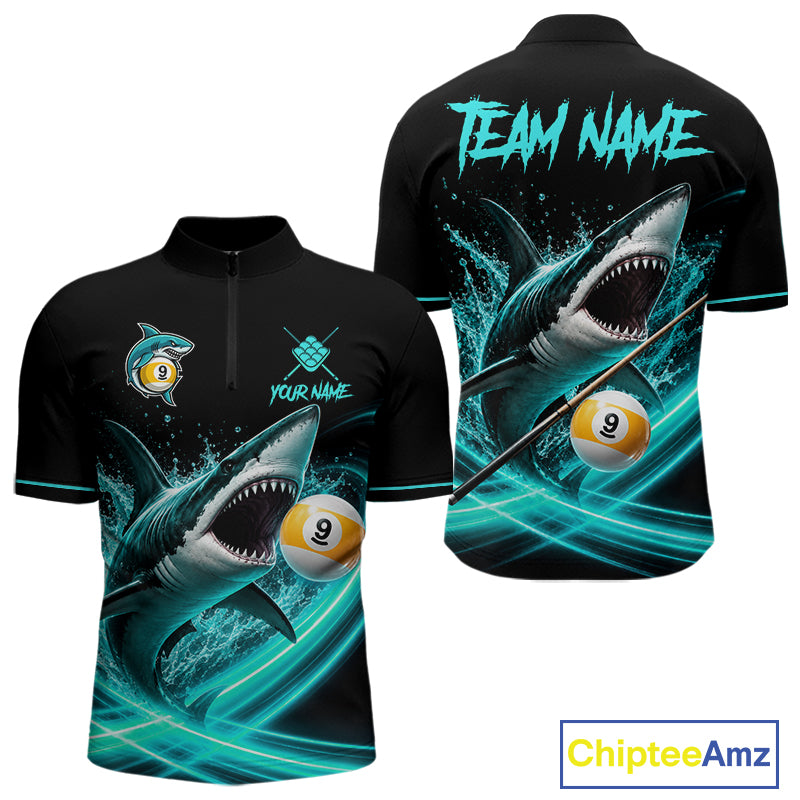 Black Turquoise 9 Ball Shark Billiard League Shirts For Men Custom Pool Team Jersey Polo, 1/4 Zip TDM7299