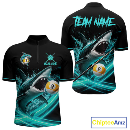 Black Turquoise 9 Ball Shark Billiard League Shirts For Men Custom Pool Team Jersey Polo, 1/4 Zip TDM7299