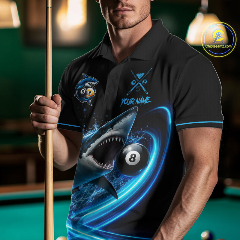Black And Blue 8 Ball & 9 Ball Shark Billiard League Shirts For Men Custom Pool Team Jersey TDM7300