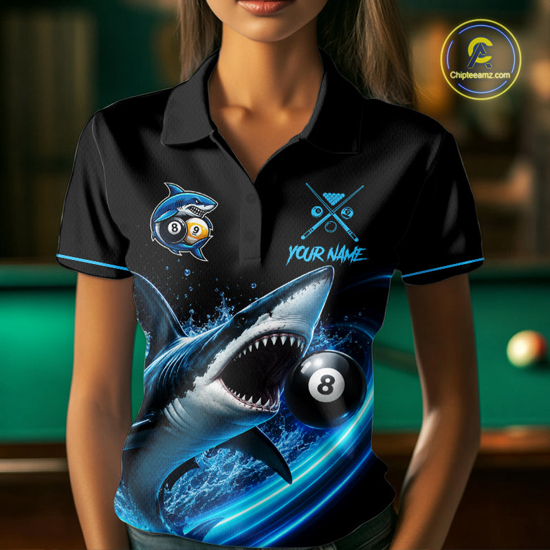 Black And Blue 8 Ball & 9 Ball Shark Billiard League Shirts For Women Custom Pool Team Jersey TDM7300