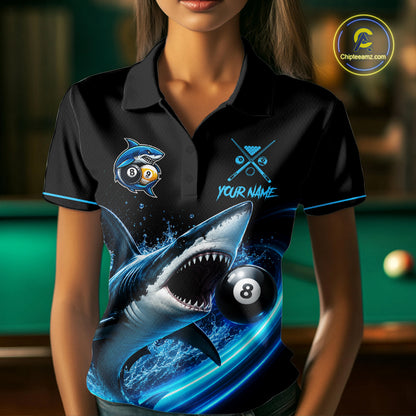 Black And Blue 8 Ball & 9 Ball Shark Billiard League Shirts For Women Custom Pool Team Jersey TDM7300