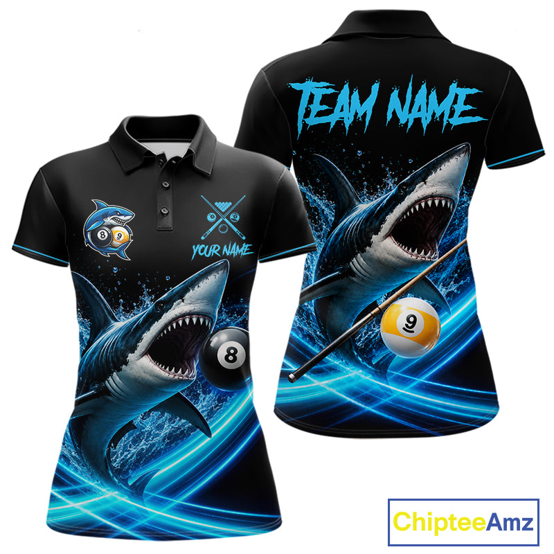 Black And Blue 8 Ball & 9 Ball Shark Billiard League Shirts For Women Custom Pool Team Jersey TDM7300