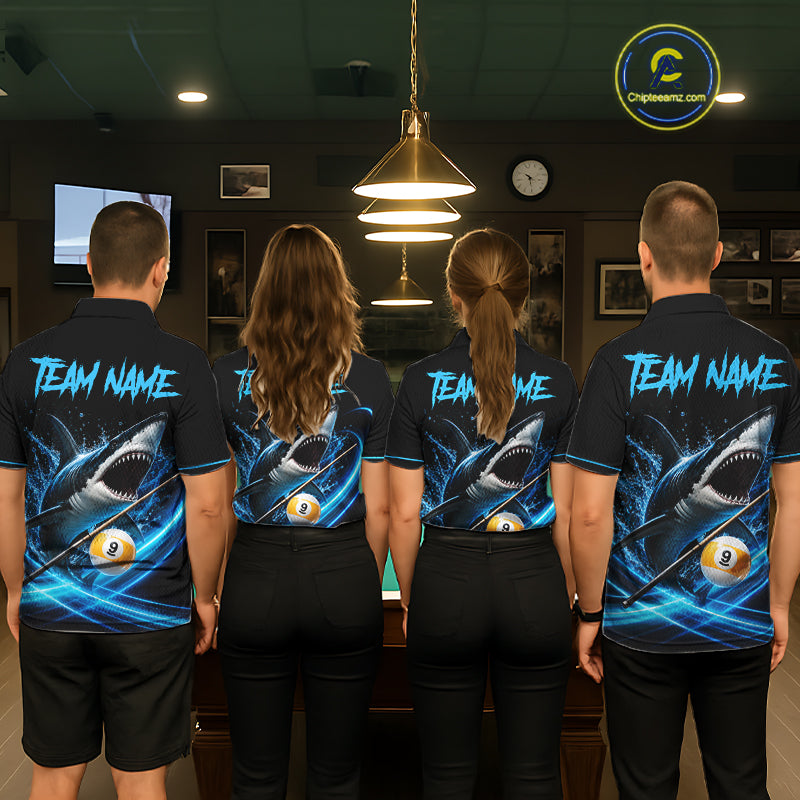 Black And Blue 8 Ball & 9 Ball Shark Billiard League Shirts For Men Custom Pool Team Jersey TDM7300