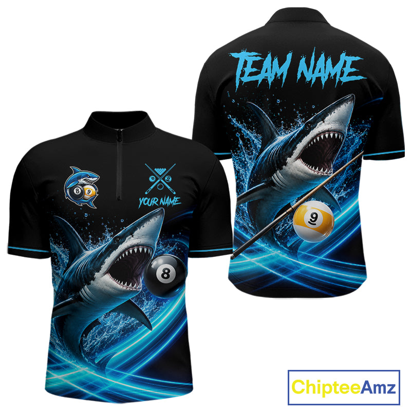 Black And Blue 8 Ball & 9 Ball Shark Billiard League Shirts For Men Custom Pool Team Jersey TDM7300