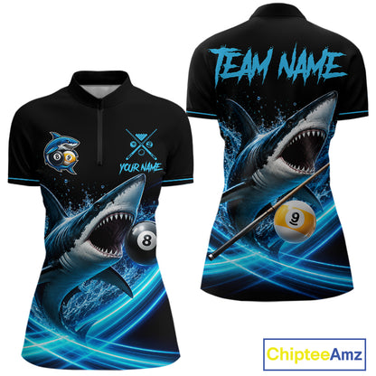 Black And Blue 8 Ball & 9 Ball Shark Billiard League Shirts For Women Custom Pool Team Jersey TDM7300
