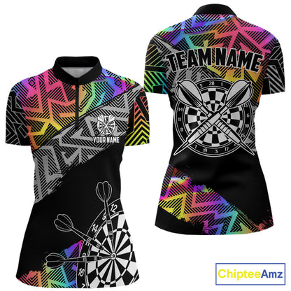 Personalized Rainbow Zig-Zag Pattern Darts Shirts For Women Custom Darts Team Jersey Polo, 1/4 Zip TDM7283