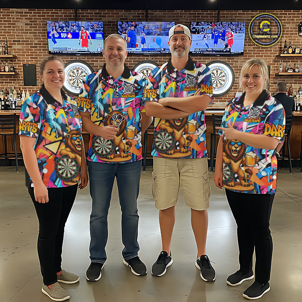 Funny Lion Colorful Graffiti Darts Shirt For Men Custom Darts Team Jersey Polo, Quarter Zip Shirt TDM7285