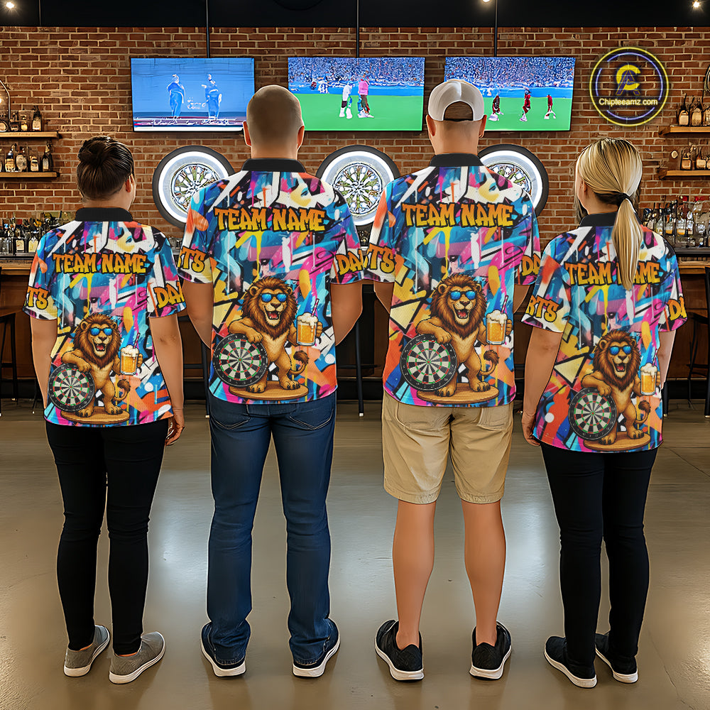 Funny Lion Colorful Graffiti Darts Shirt For Men Custom Darts Team Jersey Polo, Quarter Zip Shirt TDM7285