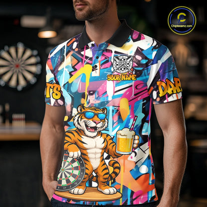 Funny Tiger Colorful Graffiti Darts Shirt For Men Custom Darts Team Jersey Polo, Quarter Zip Shirt TDM7287