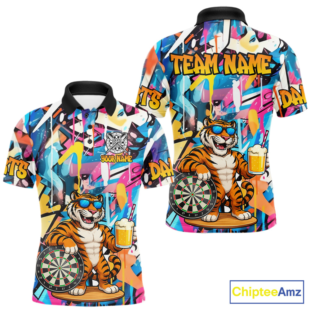 Funny Tiger Colorful Graffiti Darts Shirt For Men Custom Darts Team Jersey Polo, Quarter Zip Shirt TDM7287