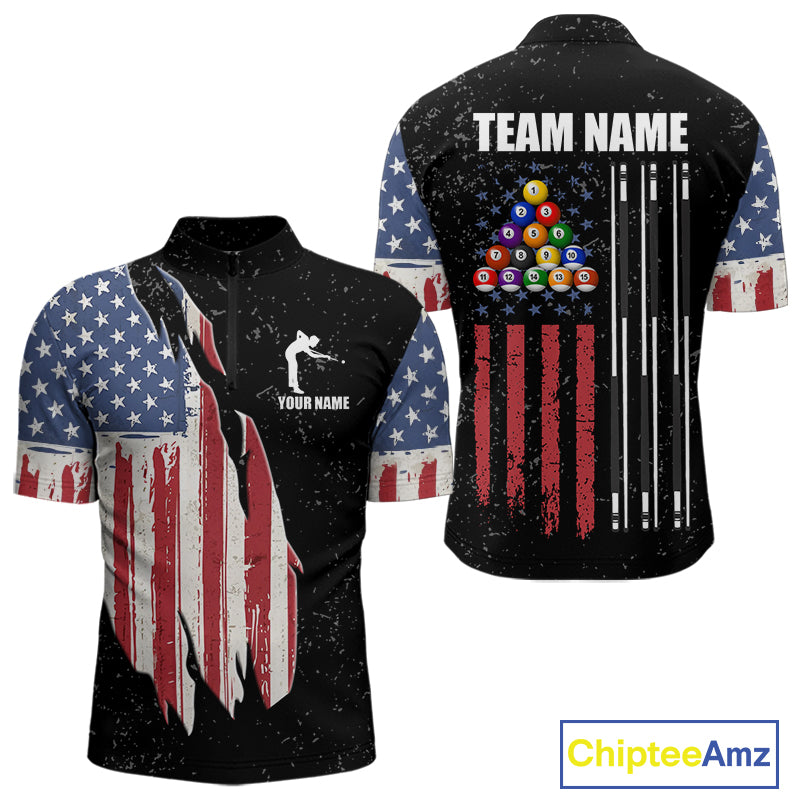 Personalized Grunge American Flag Men's Billiard Shirt, Patriotic Pool Team Shirt Polo & 1/4 Zip TDM5242