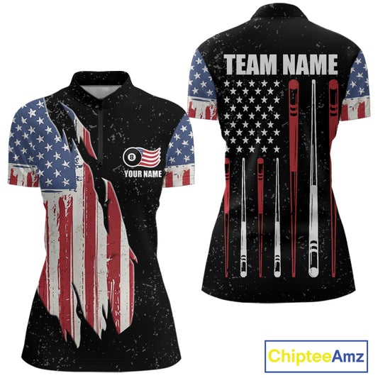 Personalized Grunge American Flag Women's Billiard Shirt Custom 8 Ball Pool Billiard Team Jersey TDM5243
