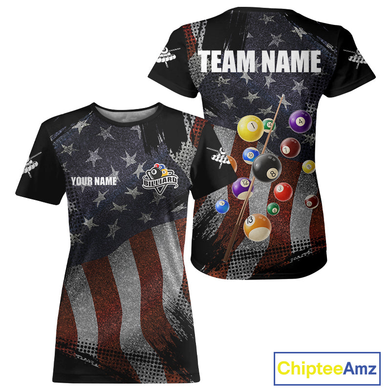 Retro American Flag Patriotic Billiard T-Shirts For Women Custom Pool Team Shirt, Billiard Jersey TDM3256
