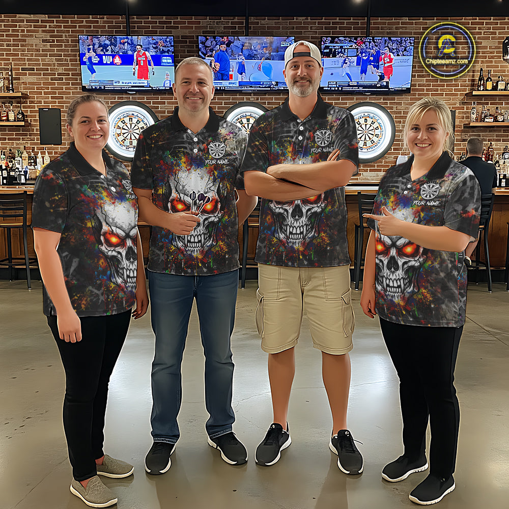 Colorful Grunge Skull Darts Polo & Quarter Zip For Women Custom Darts Team Jersey, Funny Darts Gifts TDM5503