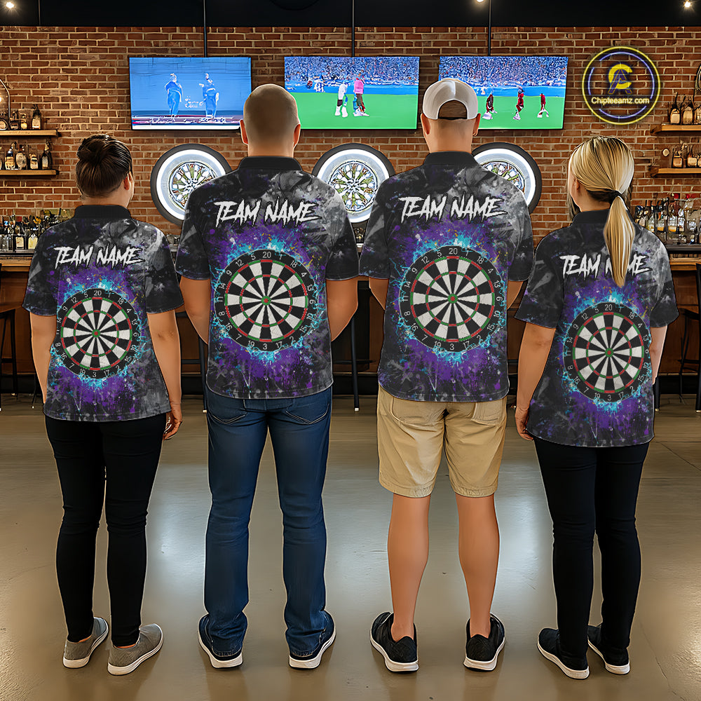 Blue Purple Grunge Skull Darts Polo & 1/4 Zip For Women Custom Darts Team Jersey, Funny Darts Gifts TDM5504