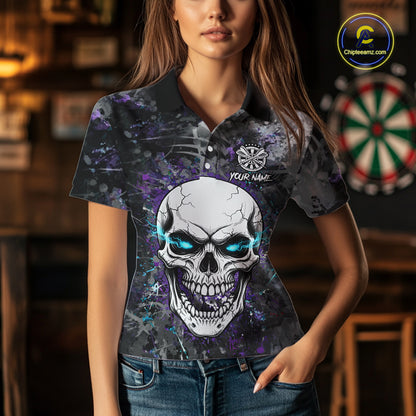 Blue Purple Grunge Skull Darts Polo & 1/4 Zip For Women Custom Darts Team Jersey, Funny Darts Gifts TDM5504