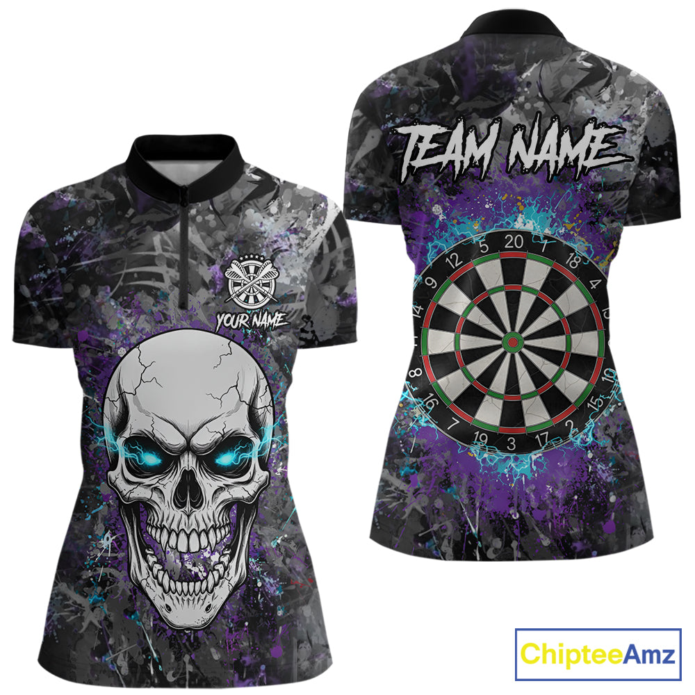 Blue Purple Grunge Skull Darts Polo & 1/4 Zip For Women Custom Darts Team Jersey, Funny Darts Gifts TDM5504