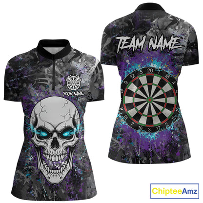 Blue Purple Grunge Skull Darts Polo & 1/4 Zip For Women Custom Darts Team Jersey, Funny Darts Gifts TDM5504
