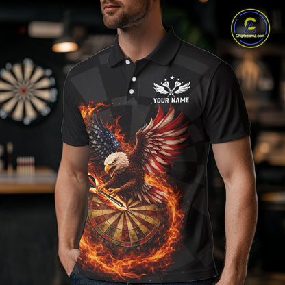 Personalized Fire Flame US Flag Eagle Darts Shirt For Men Custom Darts Jersey Team Polo & 1/4 Zip TDM5760