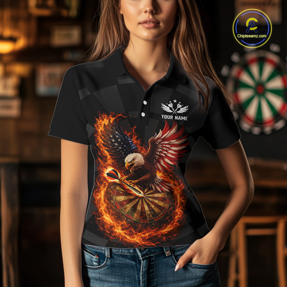 Personalized Fire Flame US Flag Eagle Darts Shirt For Women Custom Darts Jersey Team Polo & 1/4 Zip TDM5760