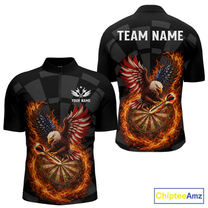 Personalized Fire Flame US Flag Eagle Darts Shirt For Men Custom Darts Jersey Team Polo & 1/4 Zip TDM5760
