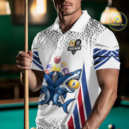 Funny Shark 8 Ball & 9 Ball Pool Billiard Shirt For Men Custom Billiard Team Jersey Polo & 1/4 Zip TDM5965