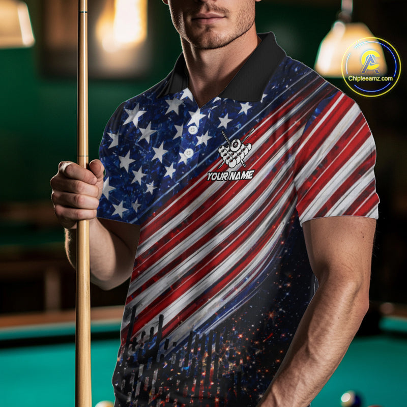 American Flag Fire 8 Ball Pool Billiard Shirt For Men Custom Billiard Team Jersey Polo & 1/4 Zip TDM6124