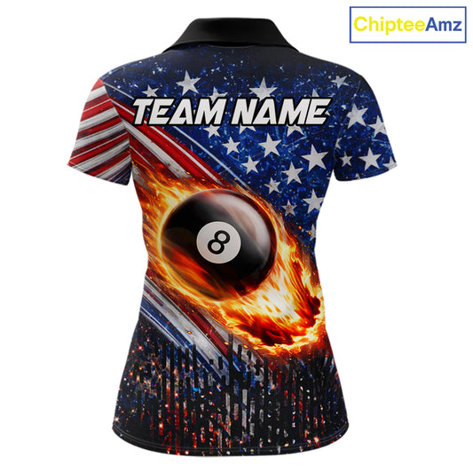 American Flag Fire 8 Ball Pool Billiard Shirt For Women Custom Billiard Team Jersey Polo & 1/4 Zip TDM6124