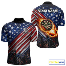 Load image into Gallery viewer, American Flag Fire Flame Darts Shirt For Men Custom Patriotic Darts Jersey Team Polo &amp; 1/4 Zip TDM6125