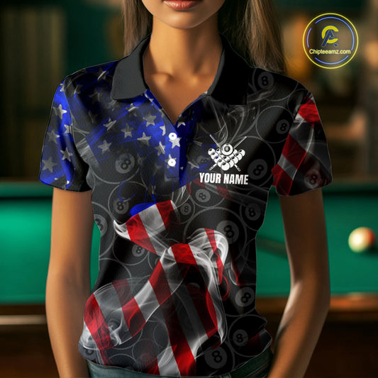 American Flag Smoke 8 Ball Billiard Shirts For Women Custom Patriotic Billiard Pool Team Jerseys TDM4028