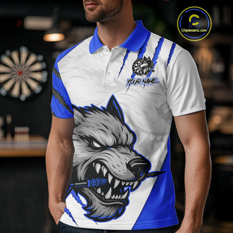 Blue And White Custom Claw Wolf Dart Shirts For Men, Dart Team Shirt Polo & 1/4 Zip, Dart Jerseys TDM4032