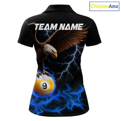 Blue Flaming Eagle 8 Ball & 9 Ball Billiard Shirts For Women Custom Pool Team Jersey Polo & 1/4 Zip TDM6561